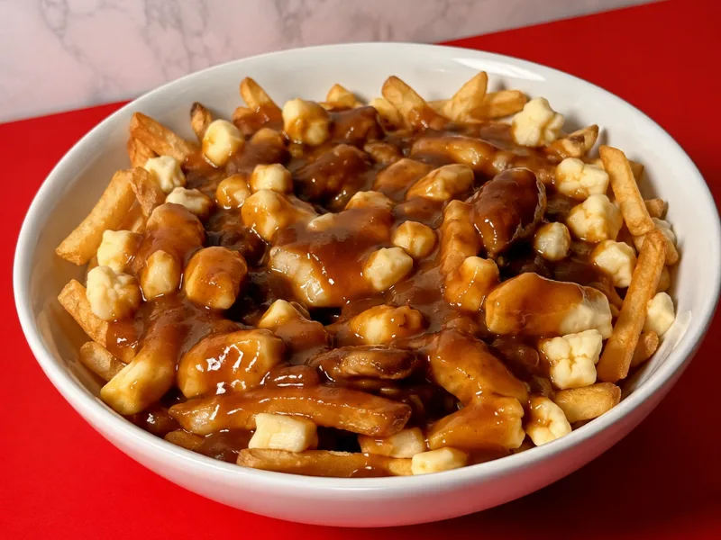 A bowl of poutine with cheese curds and gravy