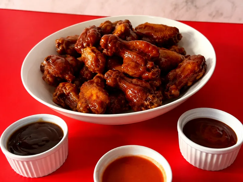 A bowl of saucy chicken wings served with three dipping sauces