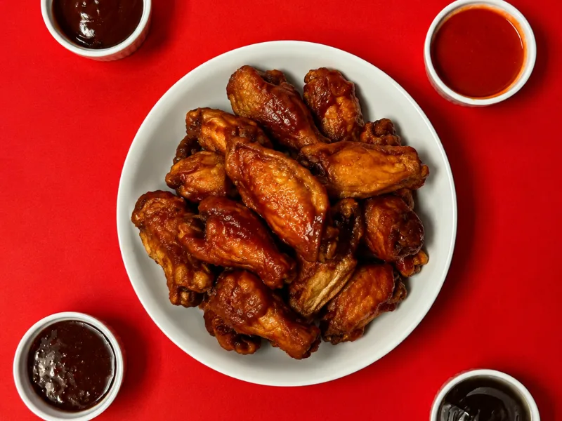 A bowl of honey garlic chicken wings with dipping sauce